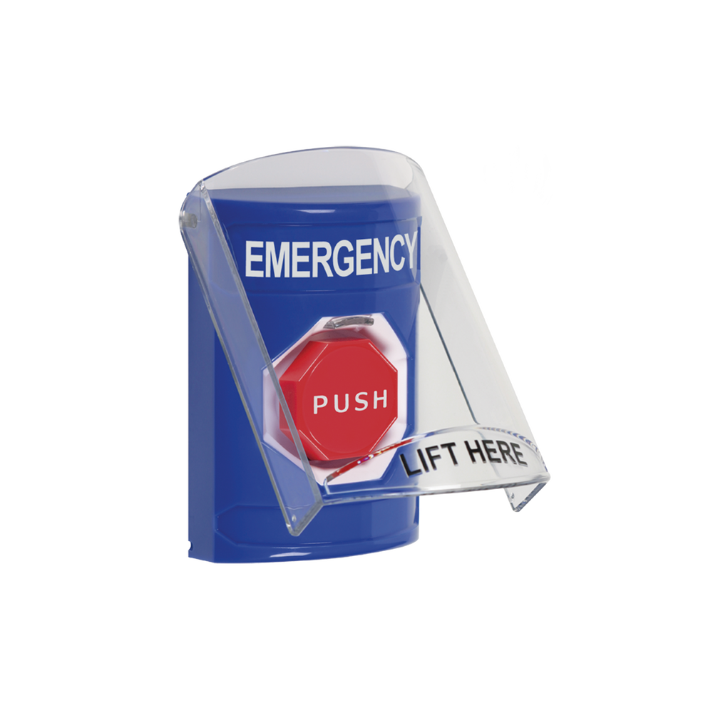 Botón Multipropósito, Color Azul, De Superficie, Con Tapa De Policarbonato, Con Bocina Pre Alarma, Para Interior, Llave Para Restablecer, Texto De Emergencia, Ingles