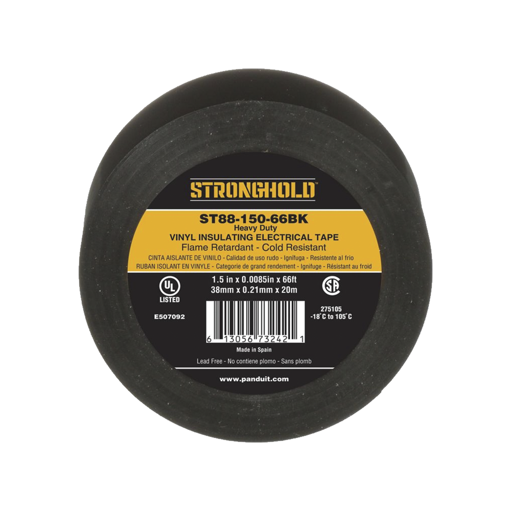 Cinta Eléctrica STRONGHOLD para Aislar, de PVC, Trabajo Pesado Eléctrico Industrial (Soporta UV, abrasión, agua, aceite y corrosión), Grosor de 0.21 mm (8.5 mil), Ancho de 38 mm, y 20 m de Largo, Uso Interior/Exterior, Color Ne