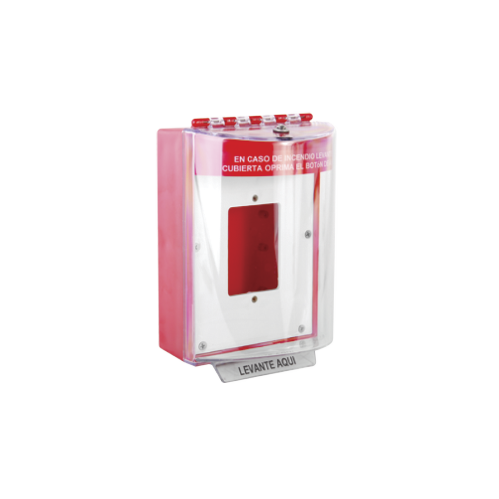 Cubierta Universal De Policarbonato Con Espaciador y Placa De Montaje Interna, Texto De Incendio En Español, Interior/Exterior, Serie Universal Stopper®