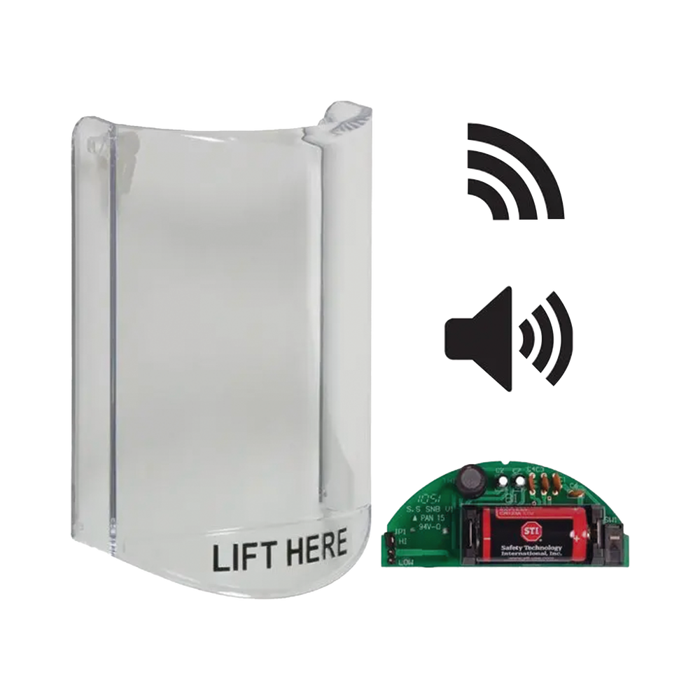 Cubierta Protectora De Policarbonato, Súper Resistente, Con Sonido, Con Transmisor Inalámbrico Para STI-V34104, Texto En Ingles, Para Botones Multiusos Serie Stopper® Station De STI