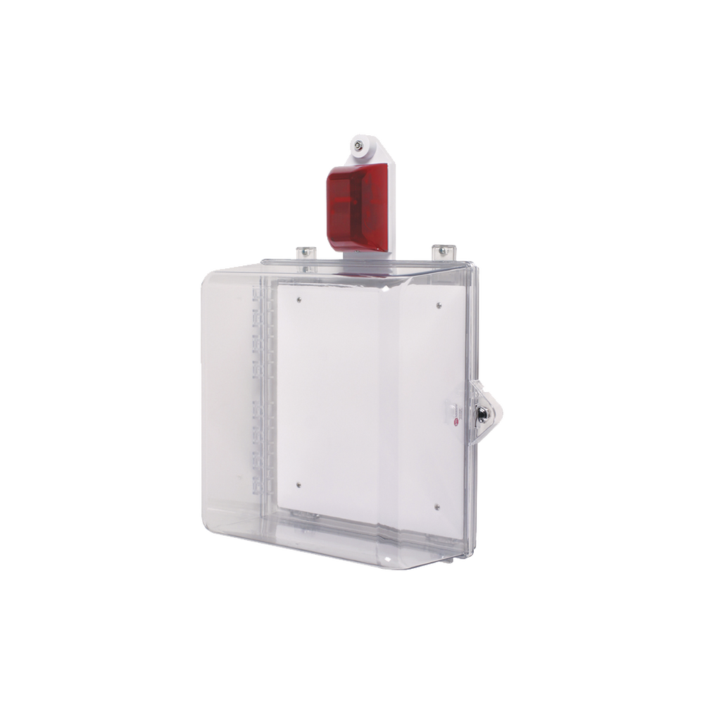 Gabinete Mediano de Policarbonato Transparente S?per Resistente con Sirena/Estrobo y Cerradura Manual