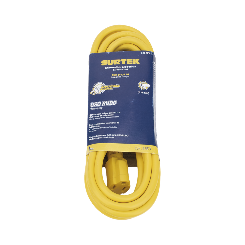 Extensión Eléctrica de Uso Rudo Aterrizada 5 metros /127 V CA 10 A Máximo / Color Amarillo. - Image 4