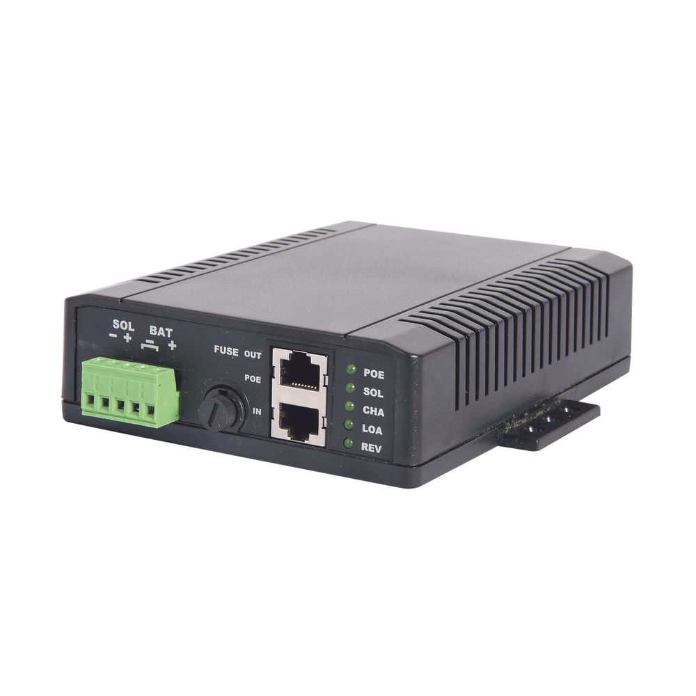 Controlador Solar POE, Entrada 12 Vcc Hasta un Panel Solar de 125 Watts, Salida PoE Pasivo en 12 Vcc Hasta 10 Watts Máximo.