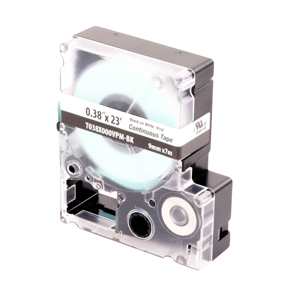Casete de Etiquetas de Vinilo de Cinta Continua, Color Negro Sobre Blanco, Uso Interior/Exterior, 9 mm de Ancho x 7.6 Metros de Largo (24.93 Pies)