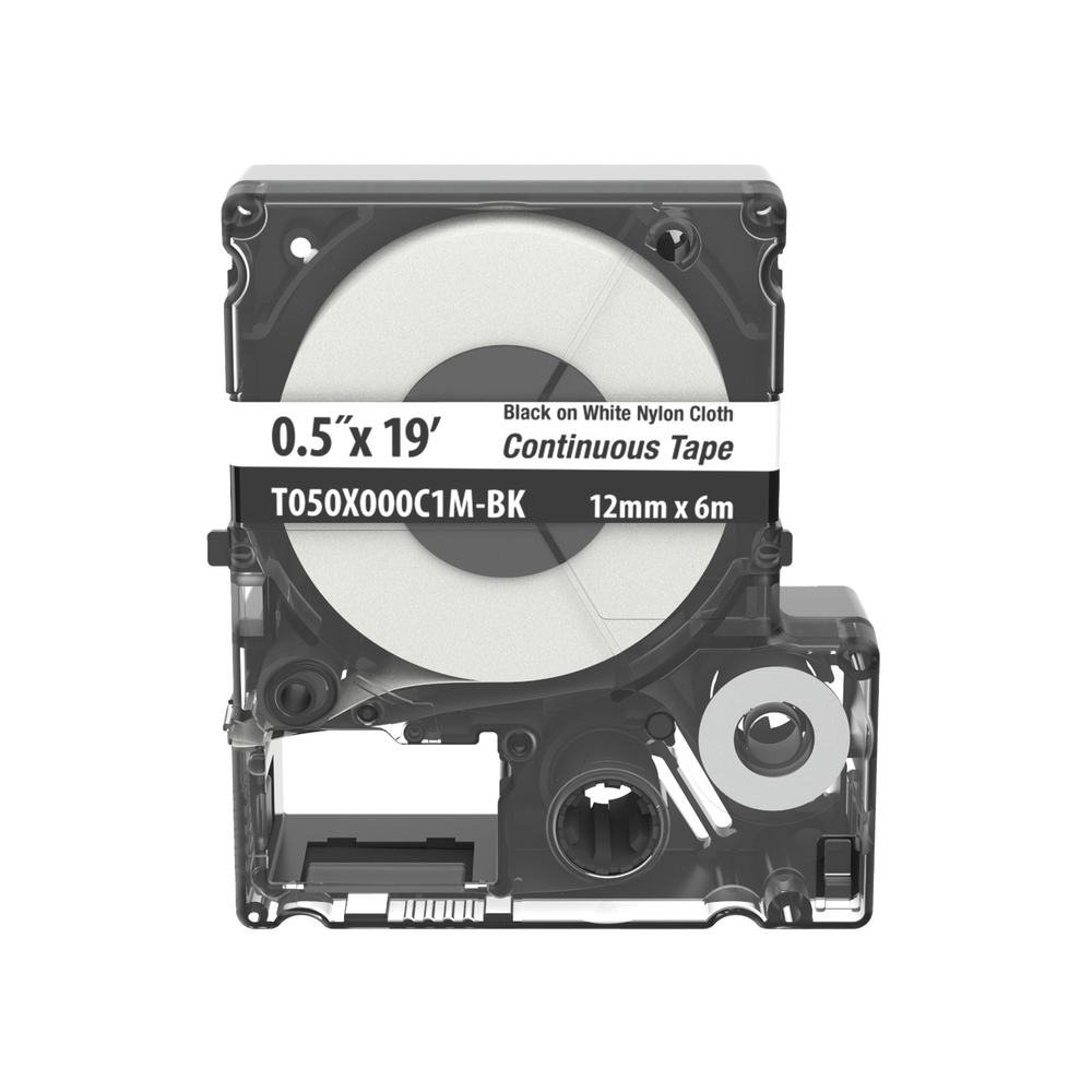 Casete de Etiquetas de Nylon de Cinta Continua, Color Negro Sobre Blanco, Uso Interior/Exterior, 12 (0.5 Pulgadas) mm de Ancho x 6 Metros (19.69 Pies) de Largo
