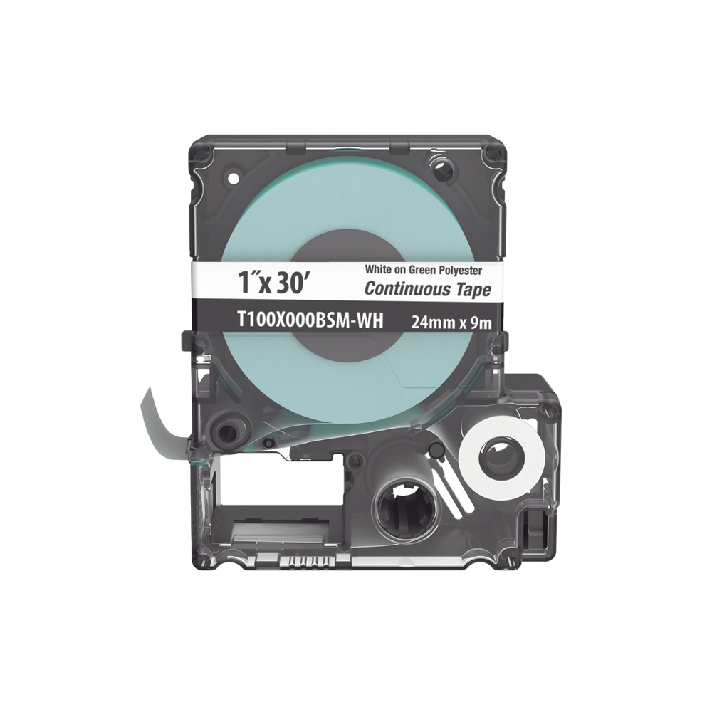 Casete de Etiquetas de Poli?ster de Cinta Continua, Color Blanco Sobre Verde, Uso Interior/Exterior, 24 mm (0.94 Pulgadas) de Ancho x 9.1 Metros (29.86 Pies) de Largo