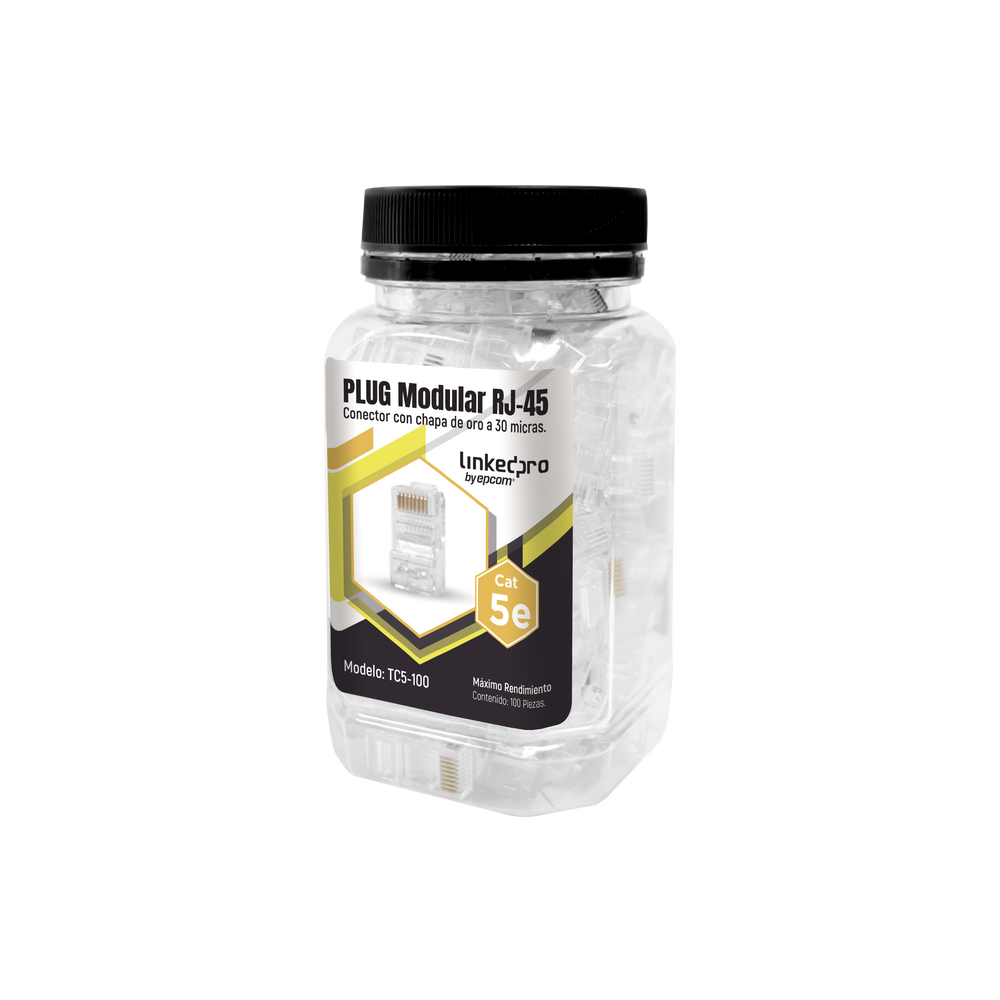 Bote con 100 Piezas de Plug Modular RJ45 Cat5e sin Blindaje, Chapado de Oro a 30 Micras para Durabilidad Extrema