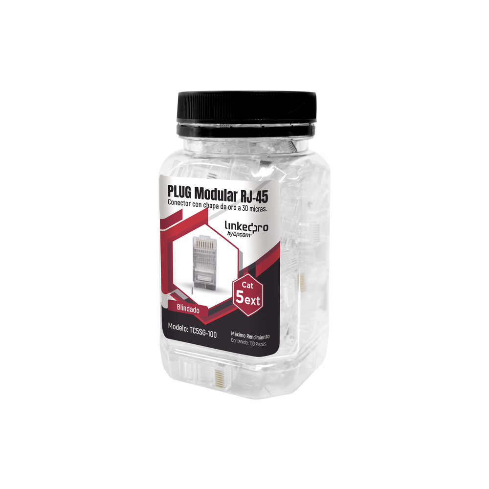 Bote con 100 Piezas de Plug Modular RJ45 Cat5e Blindado, Chapado de Oro a 30 Micras para Durabilidad Extrema con Pin de Tierra