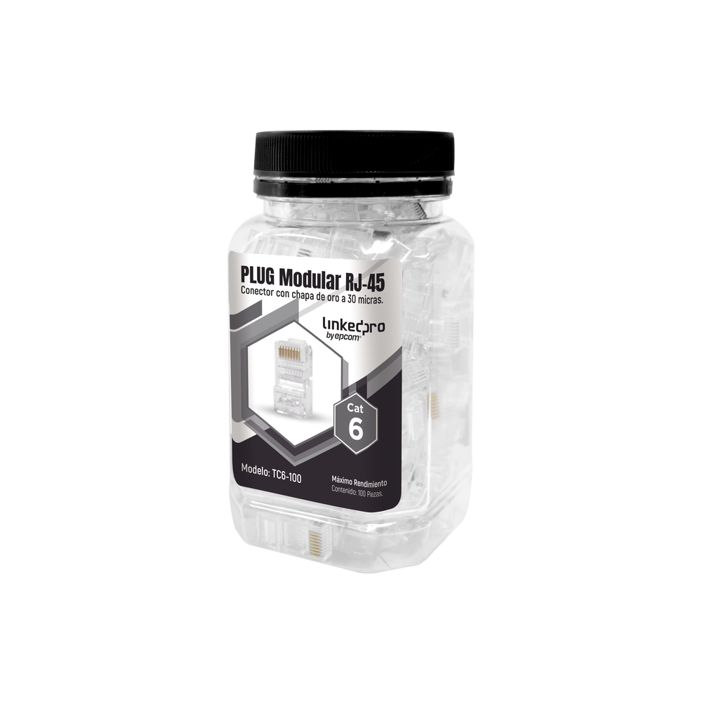 Bote con 100 Piezas de Plug Modular RJ45 Cat6 sin Blindaje, Chapado de Oro a 30 Micras para Durabilidad Extrema