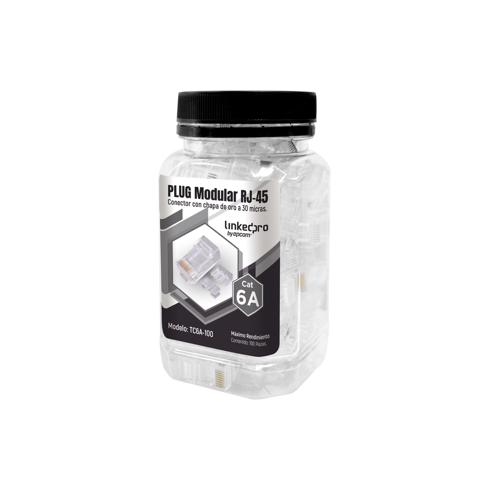 Bote con 100 Piezas de Plug Modular RJ45 Cat6A Chapado de Oro a 30 Micras para Durabilidad Extrema