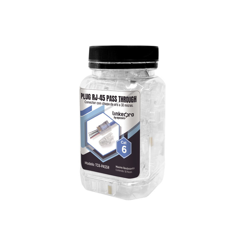 Bote con 50 Plugs Pass Through RJ45 Cat6 sin Blindaje, con Alivio de Tensi?n Incluido, Chapado de Oro a 30 Micras para Durabilidad Extrema