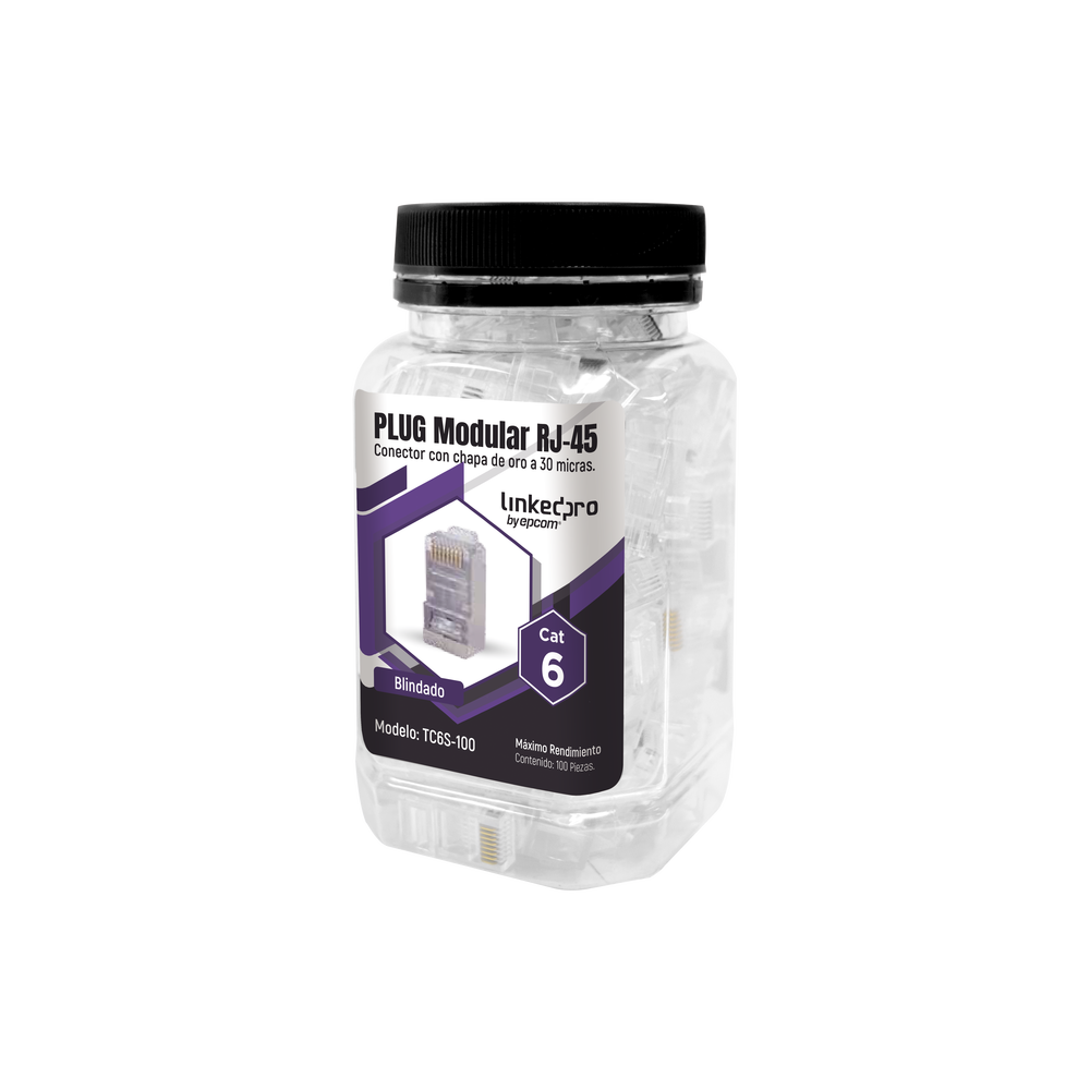 Bote con 100 Piezas de Plug Modular RJ45 Cat6 Blindado, Chapado de Oro a 30 Micras para Durabilidad Extrema SIN PIN de Tierra