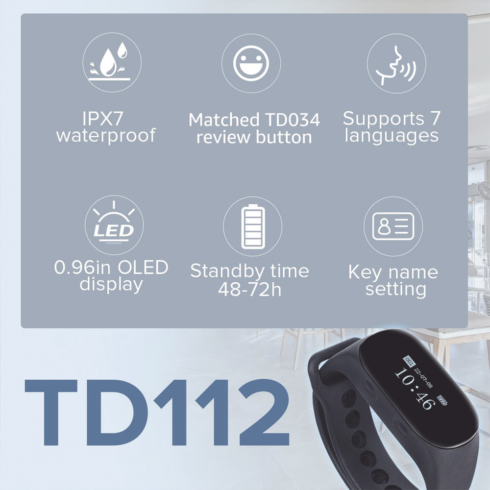 Reloj Buscador TD112 IPX7 / Resistente al Agua / Pantalla OLED / 180mAh / 48 Horas Standby / 80-100m Distancia de Recepción / Compatible con 50 Botones TD009 y T114 / 7 Idiomas / Almacenamiento de 10 Mensajes - Image 6