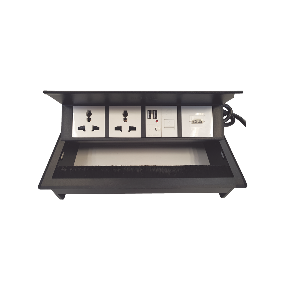 Caja Horizontal Tipo Hub para Escritorio Color Negro, con 1 Puerto HDMI Hembra-Hembra, 1 Puerto RJ45 Cat6, 2 Puertos USB (Solo Carga), y 2 Contactos El?ctricos Universales