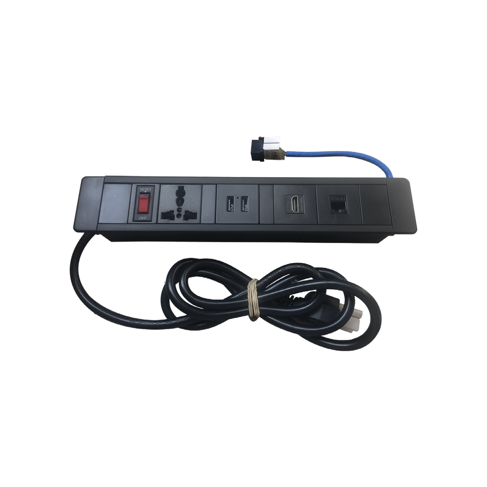 Hub para escritorio color negro,  con 1 Puerto HDMI Hembra-Hembra, 1 Conector RJ45 Cat6, 2 Puertos USB 5V DC /2 A, y 1 Contacto eléctrico universal  (11100-00001)