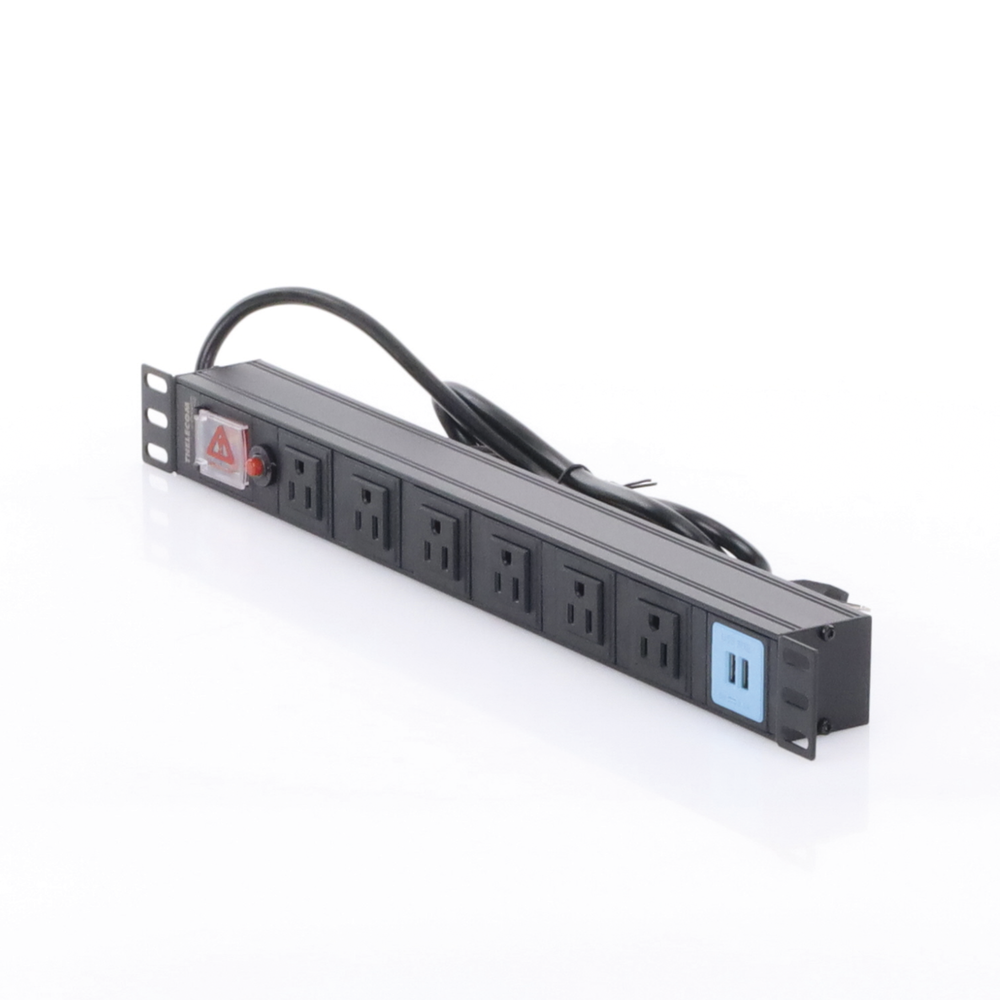 Tomacorriente Horizontal (PDU) de 6 contactos (NEMA 5-15R) + 2 USB para instalación en Rack de 19", 1UR, 125 Vca/ 15 A (THE0040091001001) - Image 3