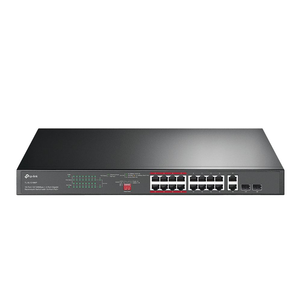 Switch PoE+ No Administrable de 16 puertos 10/100 Mbps / 2 puertos 10/100/1000 Mbps en Combo con 2 Puertos SFP / Presuuesto PoE 250 W / Extensor PoE de hasta 250 metros