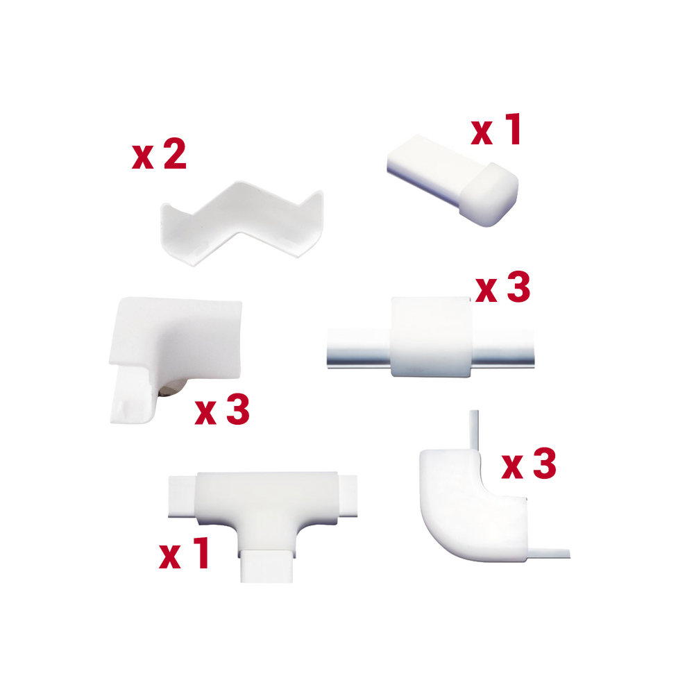 Kit de Accesorios Para la Canaleta TMK0812, El Paquete Incluye 13 Piezas en Total, Son 2 Esquineros Exteriores, 3 Esquineros Interiores, 3 Secciones "L", 3 Piezas de Unión, 1 Sección "T" y 1 Tapa Final.