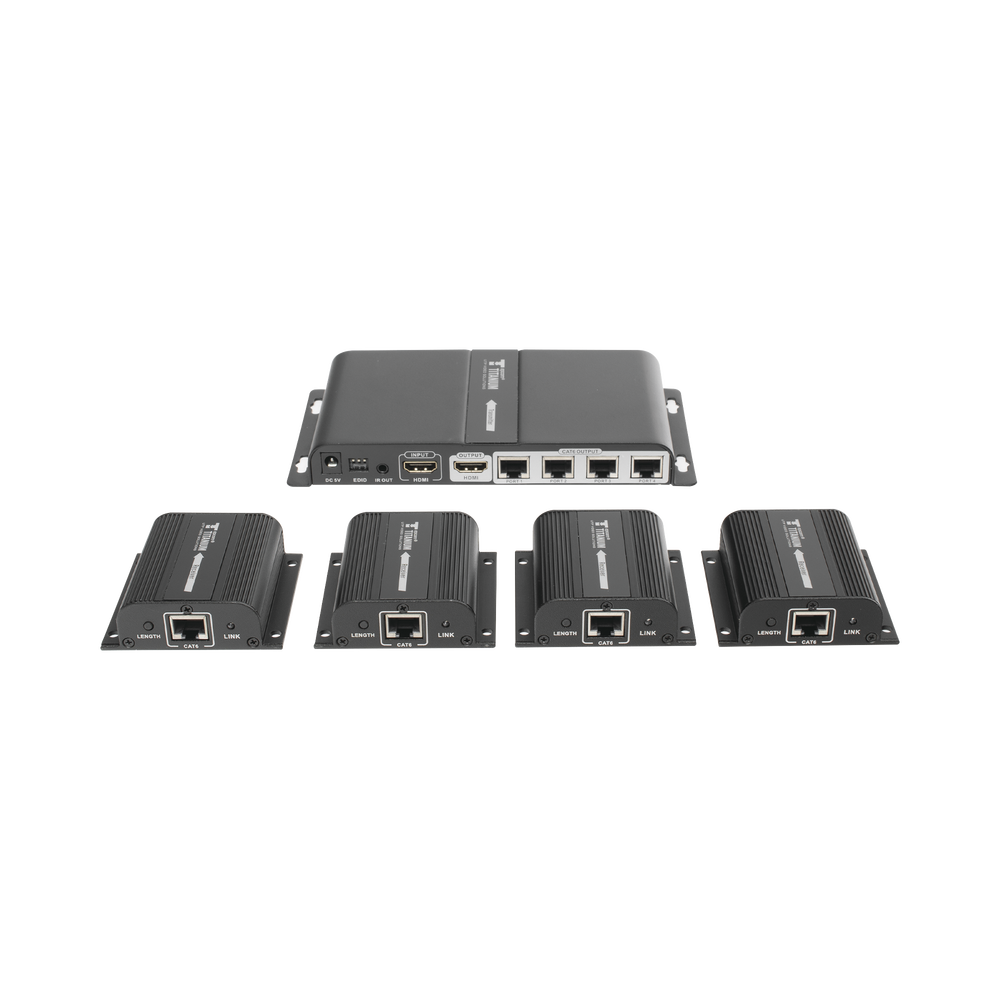 Kit Divisor y Extensor HDMI (Extender Splitter) / Divide 1 Fuente HDMI a 4 Pantallas / Extiende la señal HDMI hasta 40 m / Resolución 1080P @ 60 Hz / Cat 6/6a/7 / Cero Latencia / Salida Loop en el Tx / IR / Alimente solo el Tx (PoC).