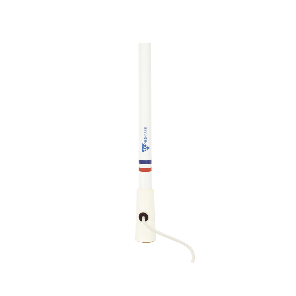 Antena marina VHF en fibra de vidrio en rango de 156 a 163 MHz, Incluye 10 metros de cable y conector PL-259 macho.