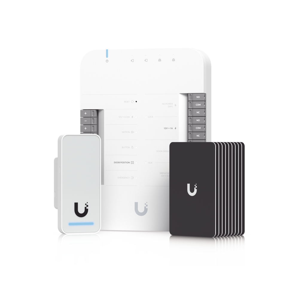 UniFi Access Kit de Inicio Gen 2, Incluye Hub para conexiones, lector NFC y movimiento / 10 tarjetas de acceso / sistema completo para abrir una puerta