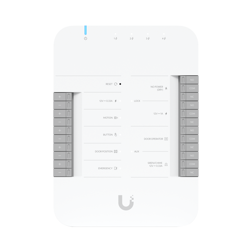UniFi Access Hub Door, puede conectar 2 lectores y 2 cámaras (no incluidos) para controlar solo una puerta / 2 terminales AUX y 4 entradas adicionales (sensores y botones) POE 802.3bt no incluido