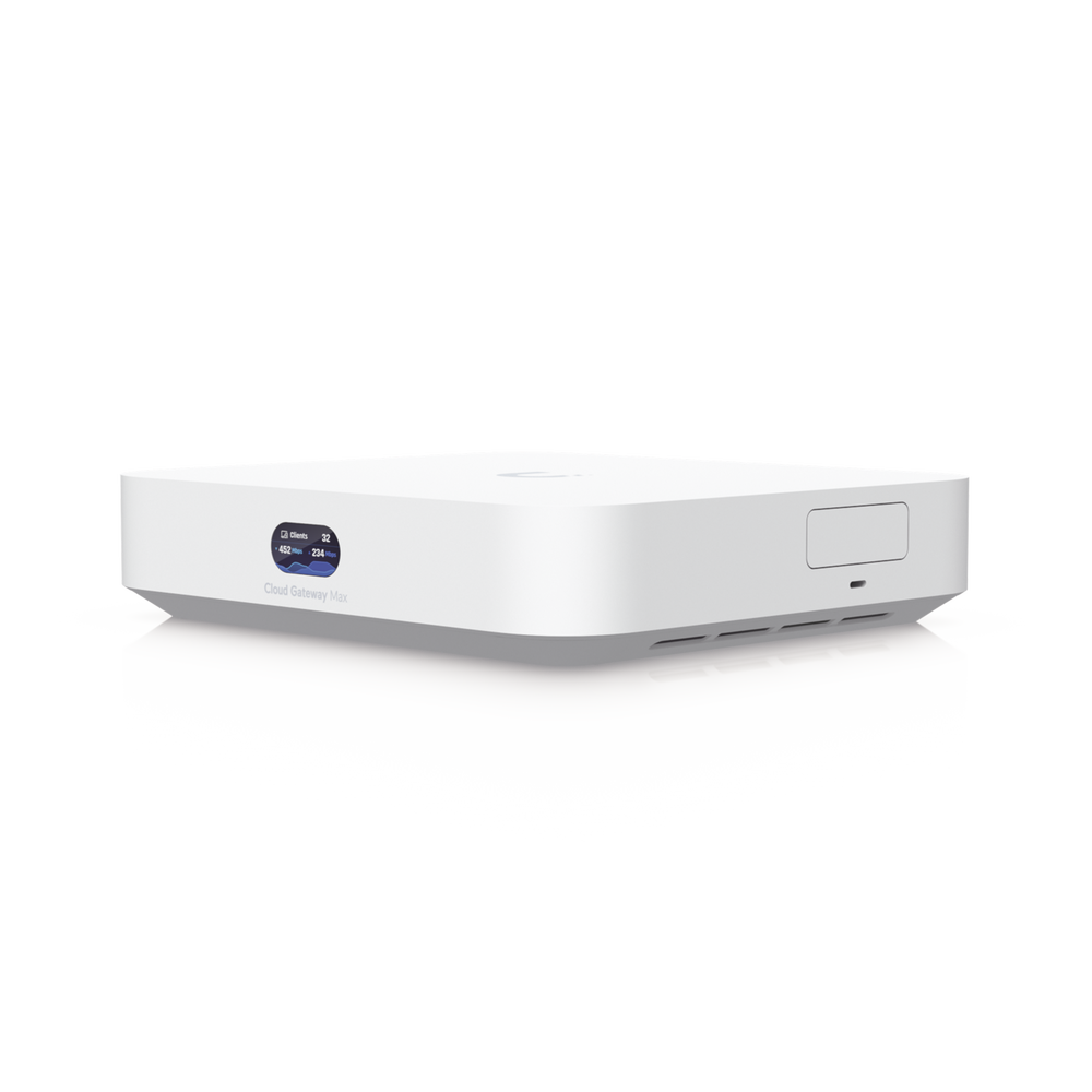 UCG Max Cloud Gateway de 2.5 GbE Compacto con Soporte para hasta 30 Dispositivos UniFi, 300+ Clientes, Enrutamiento IPS de 2.3 Gbps y Almacenamiento 512 GB de Memoria Interna