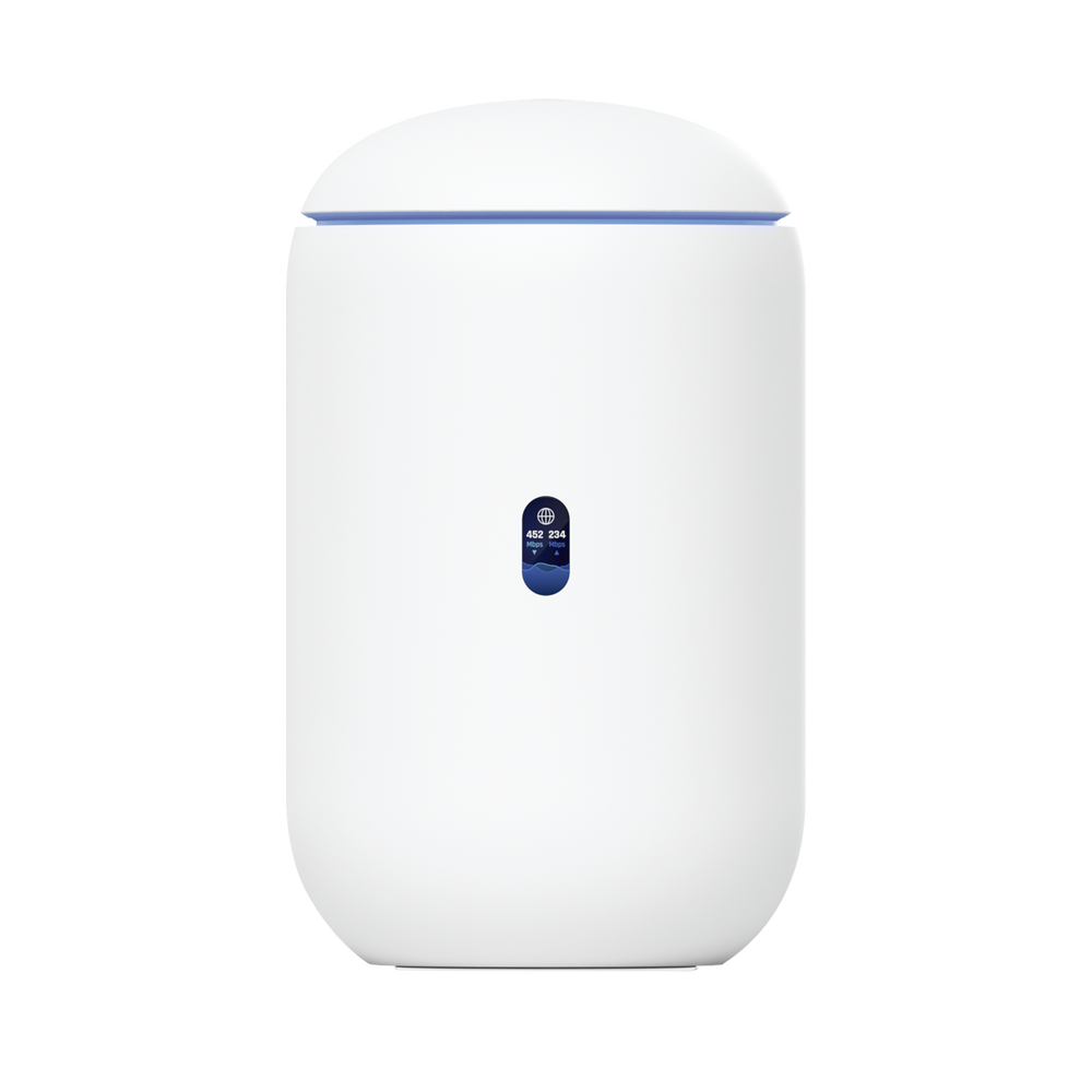 UniFi Dream Router con WiFi 6, 4 puertos LAN Gigabit de los cuales 2 son POE 802.3af. Aplicaciones UniFi Network, Protect y Access pre-instaladas. Pantalla LCD