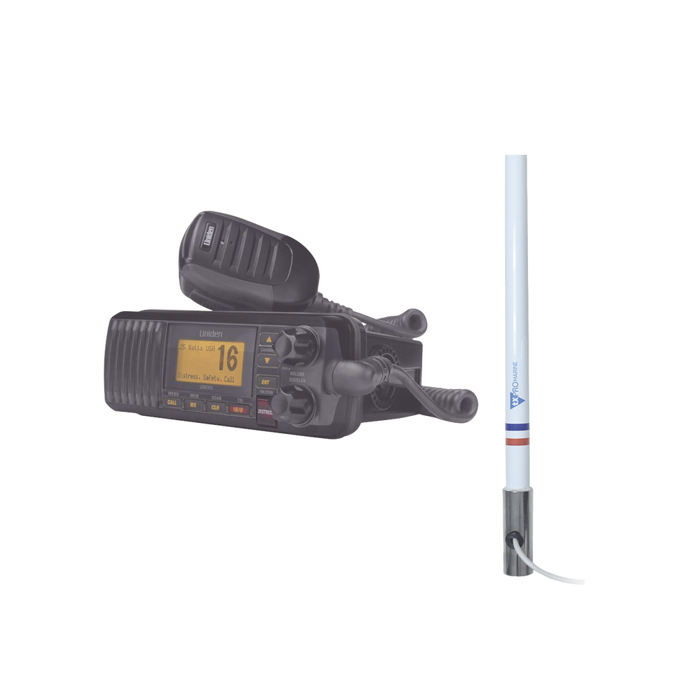 Kit de radio UM385BK | mas antena marina de fibra de vidrio TX-5101SYS/10M fabricada en fibra de vidrio con base roscable de acero inoxidable