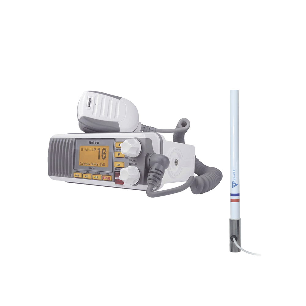 Kit de radio UM385 | mas antena marina de fibra de vidrio TX-5101-SYS fabricada en fibra de vidrio con base roscable de acero inoxidable