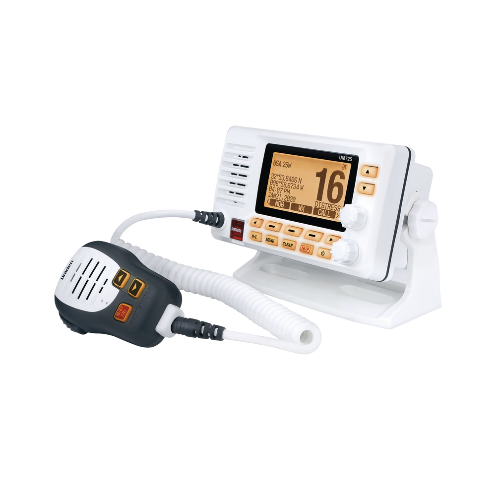 Radio Móvil Marino VHF, color blanco con receptor de GPS integrado, puerto de conexión NMEA 2000, 25W de potencia de RF, sumergible IPX8.