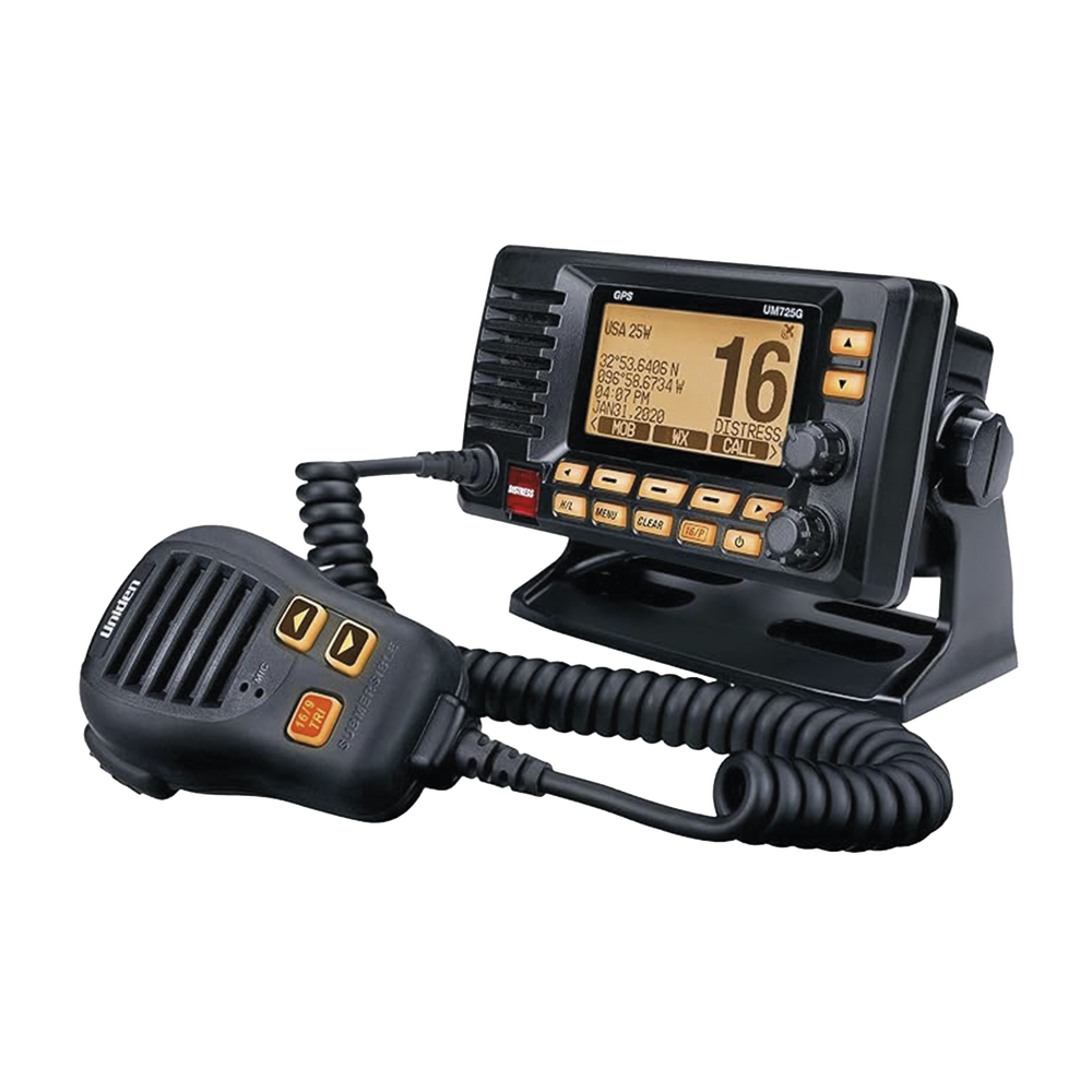 Radio Móvil Marino VHF, color negro con receptor de GPS integrado, puerto de conexión NMEA 2000, 25W de potencia de RF, sumergible IPX8.