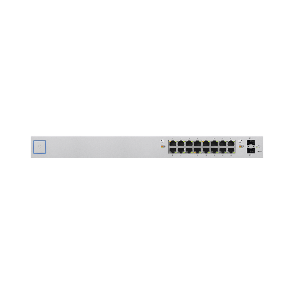 Switch UniFi administrable de 18 puertos (16 Gibabit PoE+ 802.3at/af y pasivo 24V + 2 SFP) 150 Watts