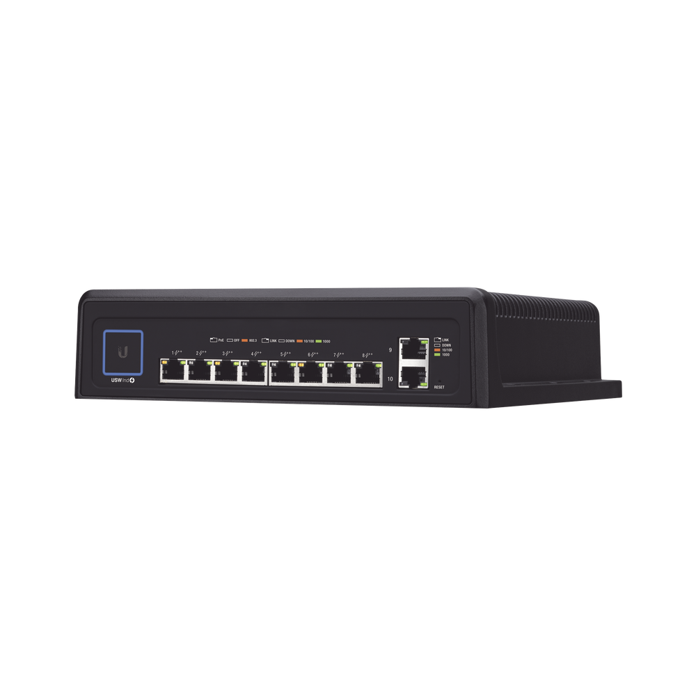 Switch industrial UniFi PoE de 10 puertos Gigabit (8 x 802.3bt y 2 x Ethernet) para temperaturas extremas