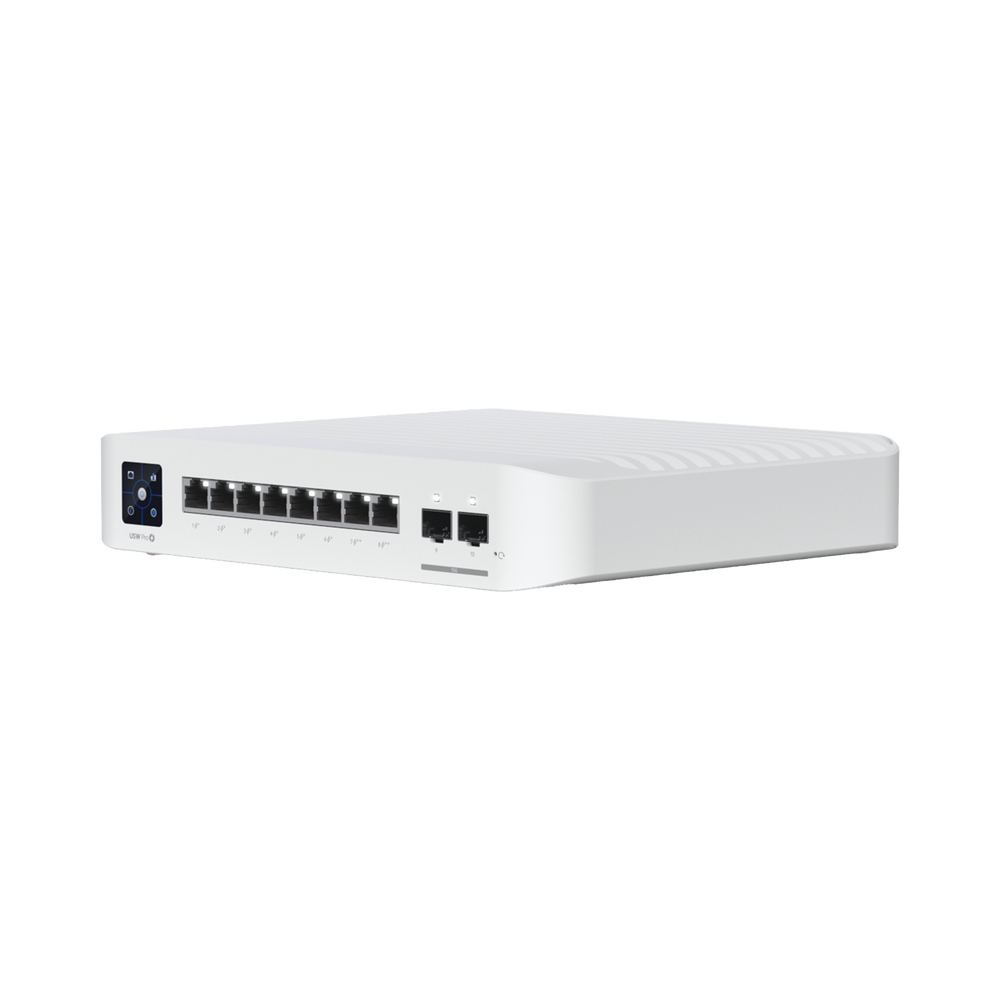 Switch UniFi Pro 8 PoE Administrable Capa 3, 8 puertos GbE / (6) puertos POE+ af/at y (2) puertos POE++ 802.3bt / (2) puertos SFP+ 10G / 120W de presupuesto POE