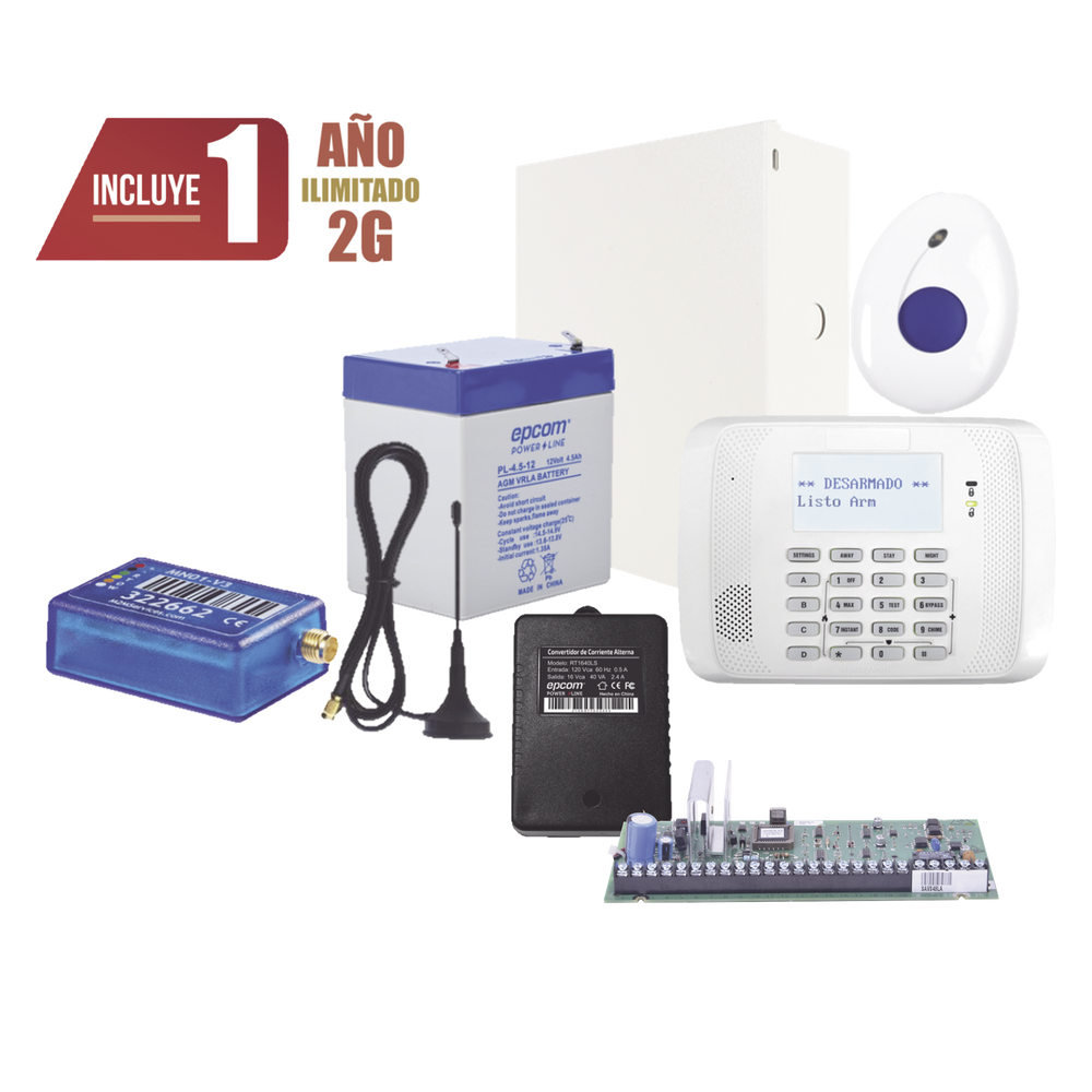 Kit de Alarma VISTA48 con Comunicador 2G, Botón de Pánico y Detección de Caídas inalámbrico, Gabinete, transformador y Batería
