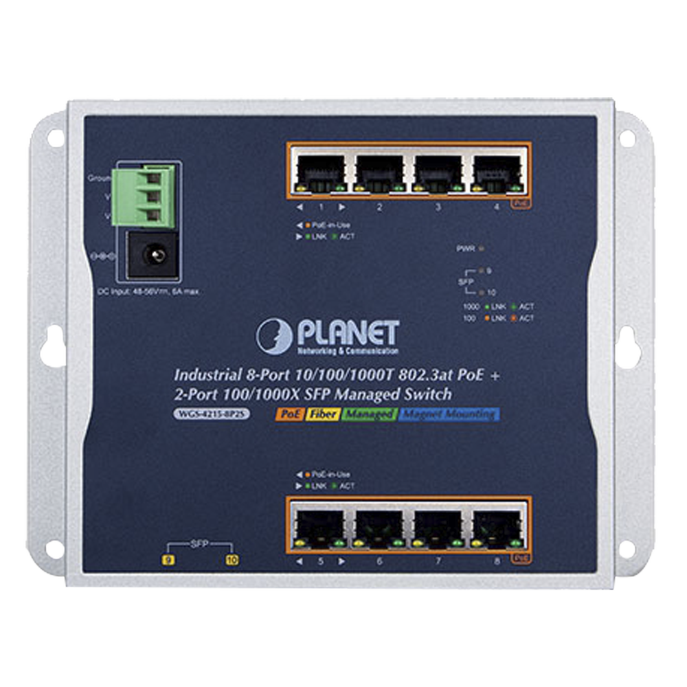 Switch Industrial PoE Administrable de Pared Capa 2, 8 Puertos Gigabit PoE 802.3at y 2 Puertos 100/1000X SFP - Image 2