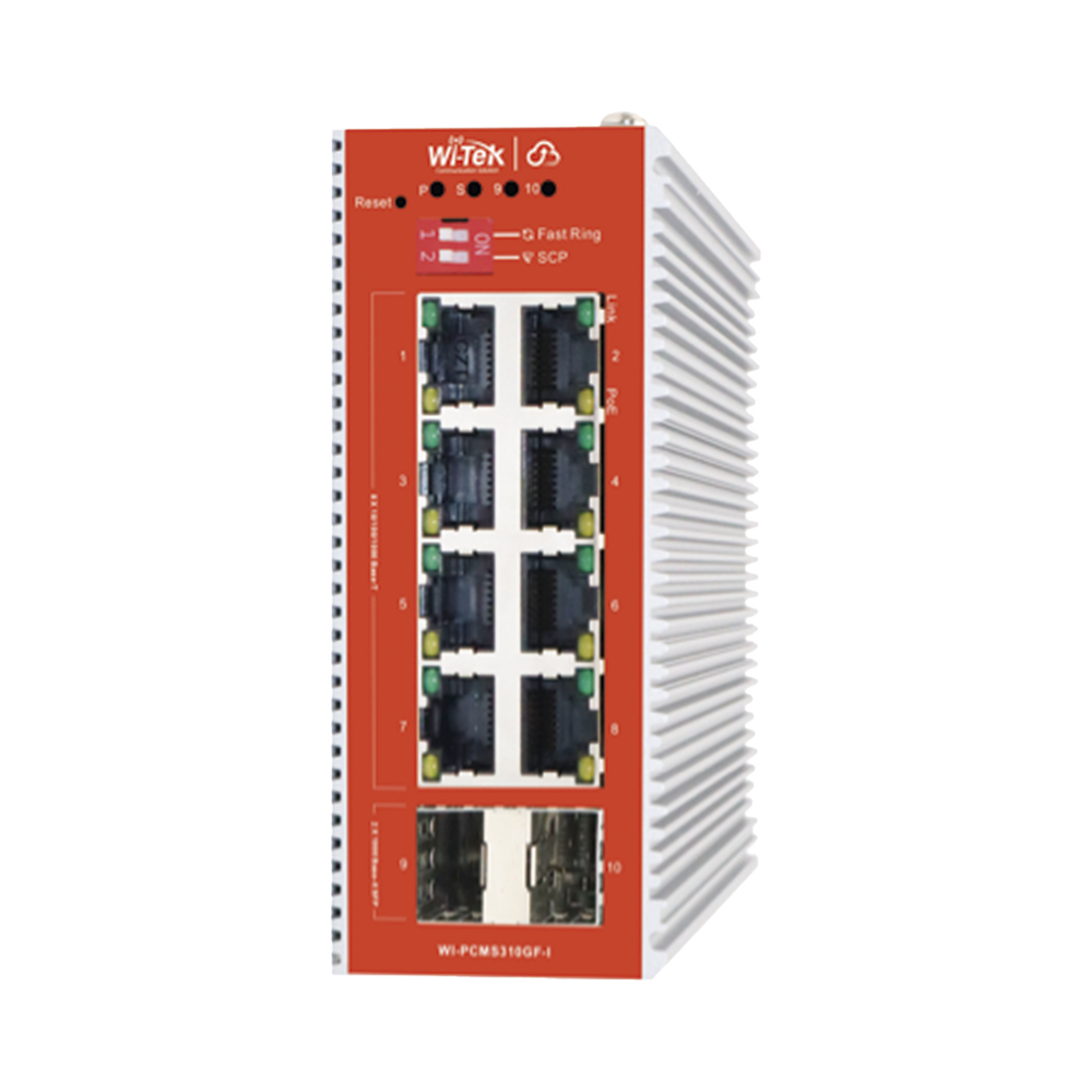 Switch L2+ PoE Industrial / Administración Cloud-Web-CLI / 8 Puertos PoE af/at 100/1000 Mbps / 2 Puertos SFP Gigabit / Presupuesto PoE 120 W / Protocolo ERSP (redundancia enlaces)