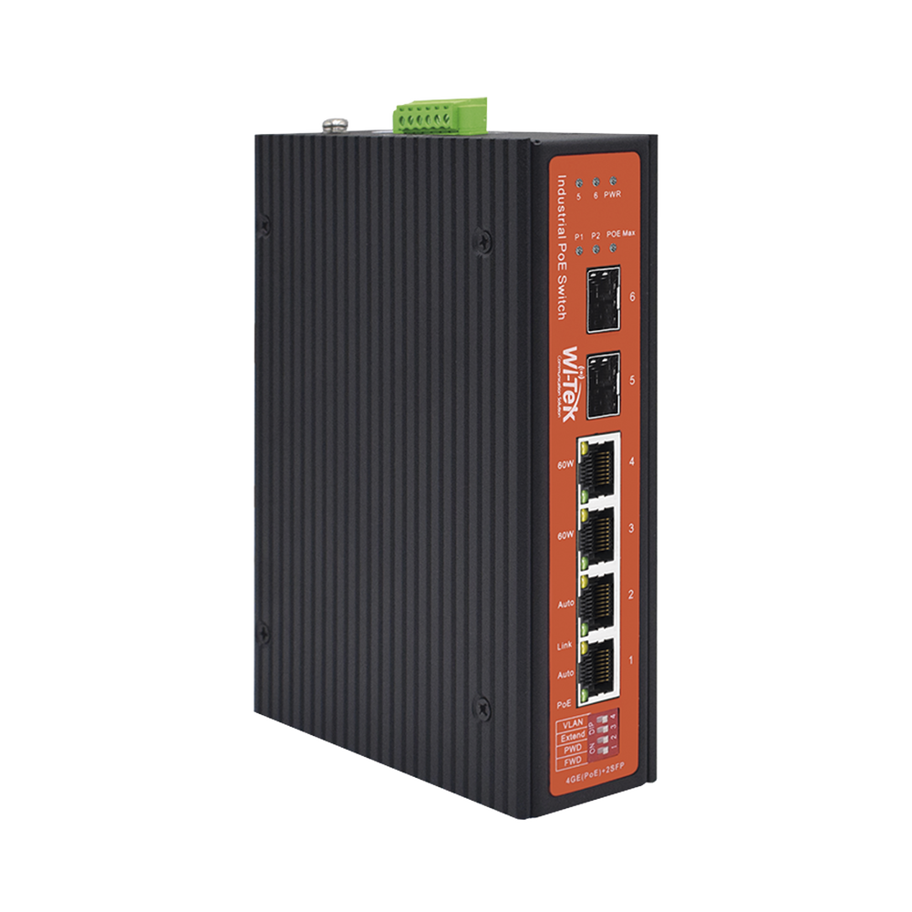 Switch Industrial PoE++ y pasivo de 24V / No administrable con 4 puertos Gigabit + 2 SFP / Presupuesto máx 180 W / Watchdog