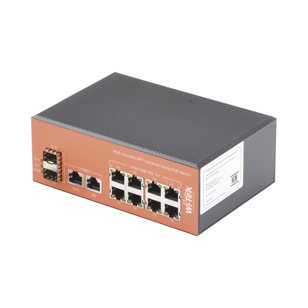 Switch Industrial PoE+ no administrable de 8 Puertos 10/100/1000Mbps + 2 SFP Combo, 150 W