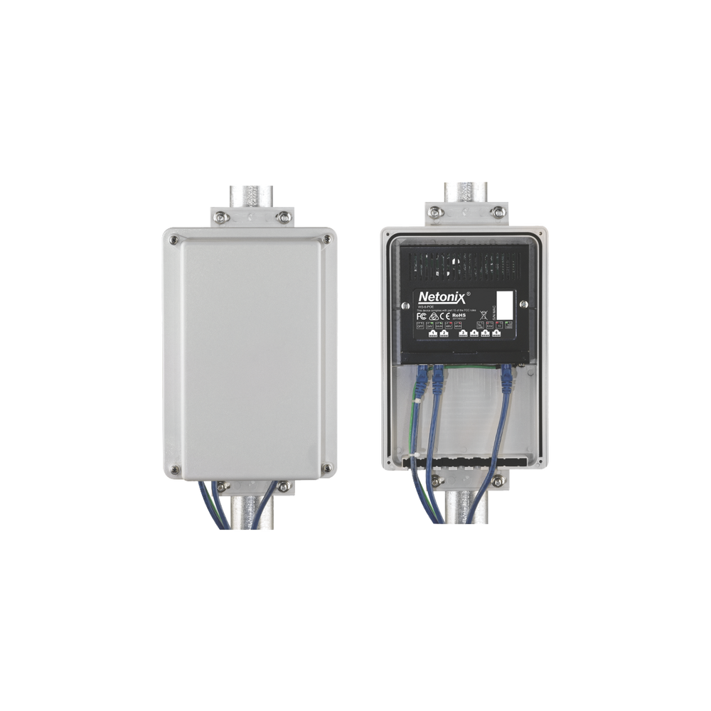 Kit Switch WISP PoE pasivo 6 puertos Gigabit, entrada PoE 37-53 Vcc + gabinete para exterior IP65