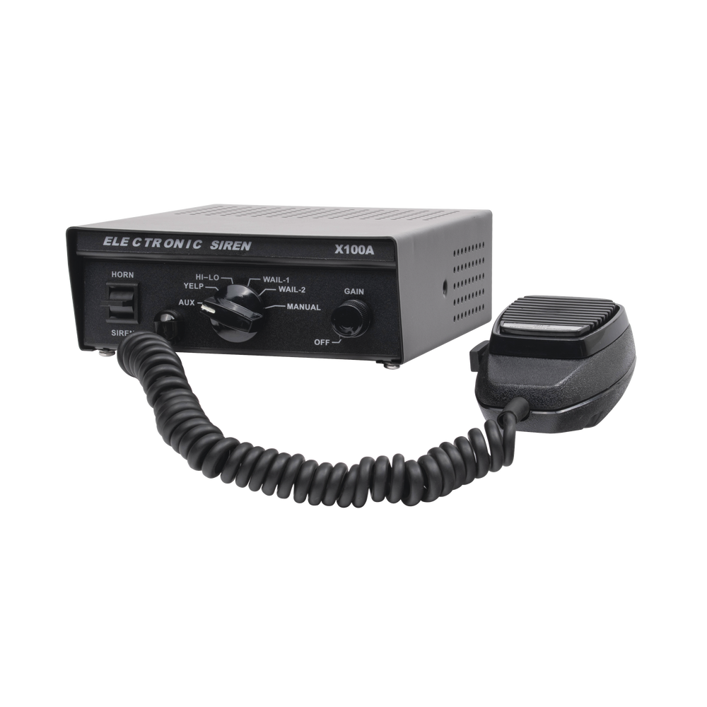 Sirena Vehicular de 100W de Potencia, Con Switch Giratorio de 6 posiciones y Micrófono Integrado de Uso Rudo