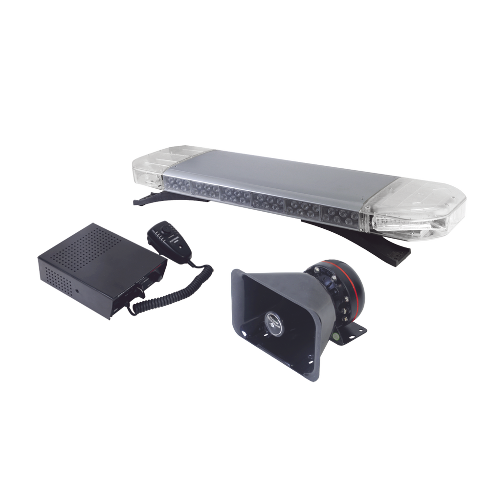 Kit básico para equipar unidades de Seguridad Pública (Barra de Luces Rojo-Azul, Sirena y Bocina)