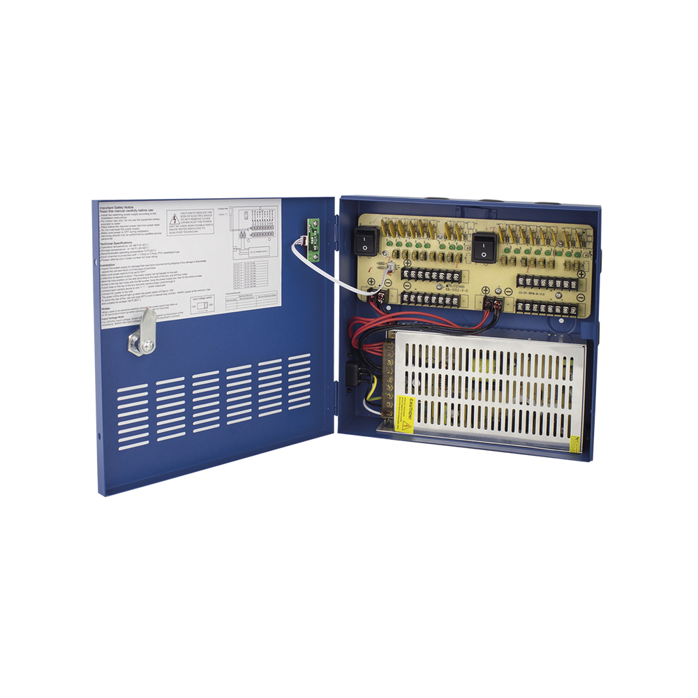 Fuente de poder profesional HEAVY DUTY de 11 - 15 Vcc @ 20 Amper, para 16 cámaras, con voltaje de entrada de: 110-220 Vca