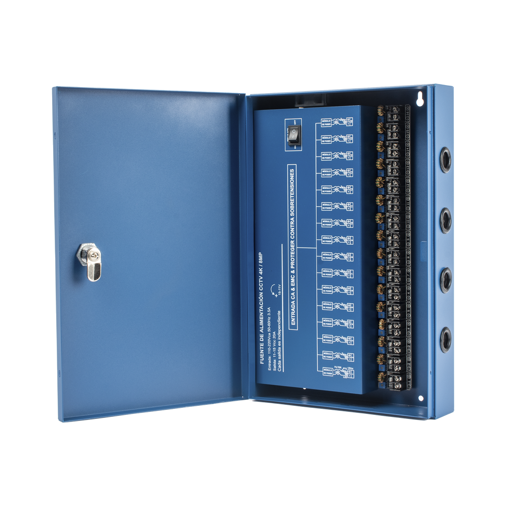 Fuente de Poder Profesional HEAVY DUTY @ 20 Amperes / 16 Canales / Hasta 1.25A por Salida / Ajuste Independiente de 11 a 15 Vcc por Salida / Protección Contra Sobrecargas / Filtro de Ruido Especial para Cámaras 4K.