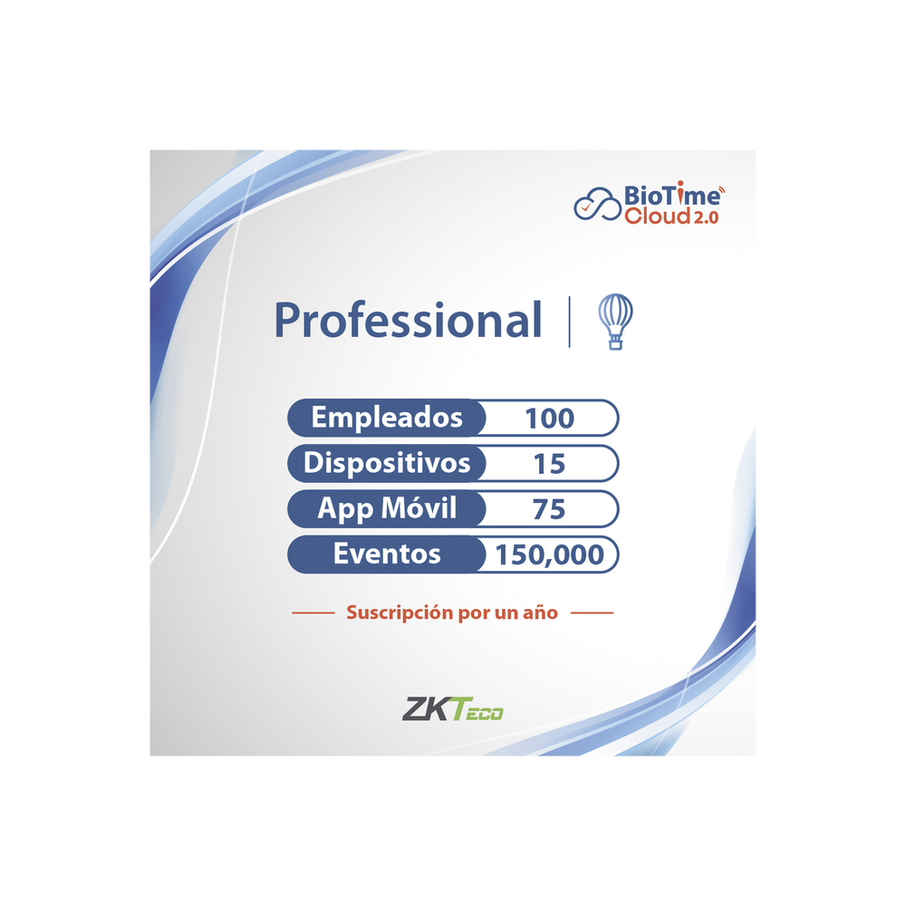 LICENCIA PROFESSIONAL BIOTIME CLOUD 2.0 / 100 USUARIOS / 15 DISPOSITIVOS (Licencia Anual)
