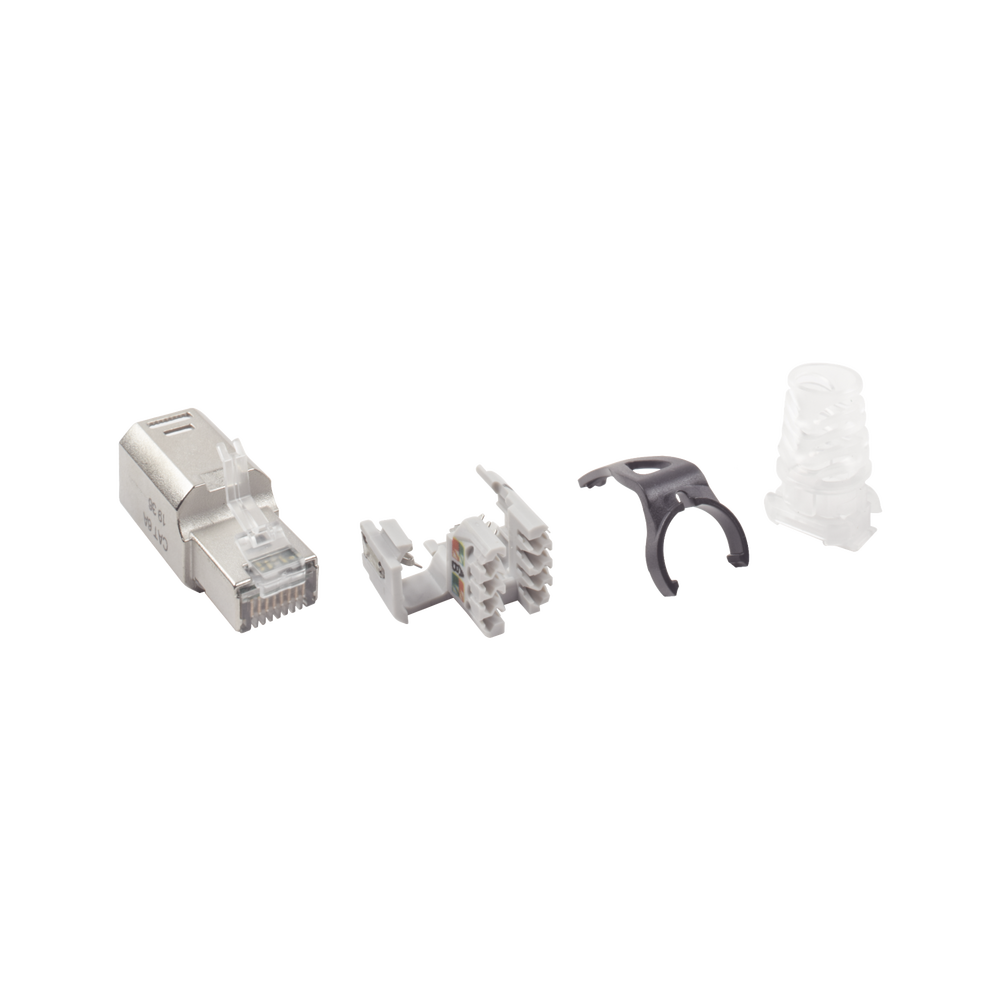 Plug RJ45 Cat6A Blindado, Terminaci?n en Campo, Compatible con Todas las Categor?as, con Clip Protector de Seguro
