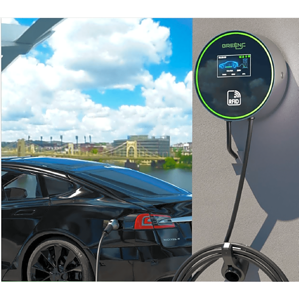 Estación de Carga para Vehículos Eléctricos / 48A 11.5kW / Voltaje 220-250V 1 Fase y 380-480V 3 Fases / Pantalla LCD 4.3 Pulgadas / Cable TPU 5 Metros / Protecciones Múltiples / Conectividad Plug and Play APP RFID / Carcasa Alu - Image 2