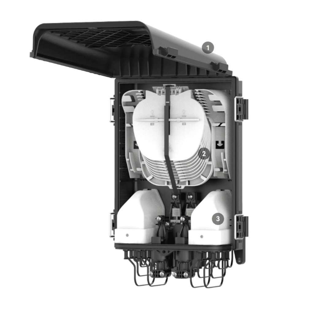 HUB Box Preconectorizada EASYCONN® de FiberHome para Exterior, IP68, Hasta 96 Empalmes, Incluye 2 Splitters 1*4 - Image 2