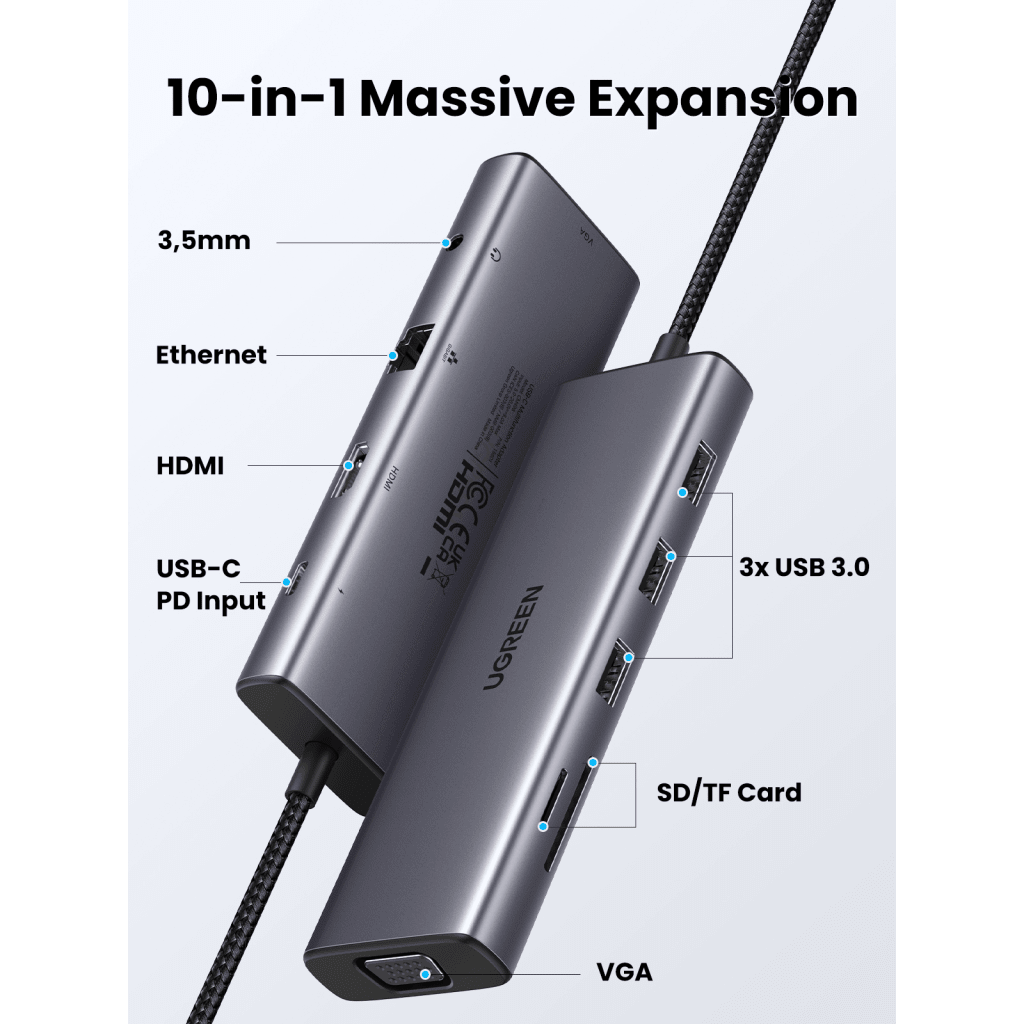 Hub USB-C 10 en 1 / HDMI 4K@30Hz + VGA 1920x1200 / 3x USB 3.0 5Gbps / Ethernet Gigabit / SD/TF Card Reader / PD 100W / Audio 3.5mm / Doble Pantalla Simultánea / Plug & Play Universal - Image 2